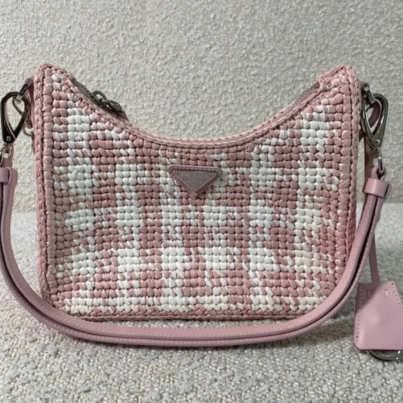 Authentic Prada Re-Edition Crochet- Knit Raffia mini handbag pink white - Picture 1 of 16